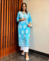 WOMEN CHIKAN EMBROIDERY Kurti_Pent Pair Design (Sky Blue)