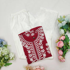 WOMEN CHIKAN EMBROIDERY Kurti_Pent Pair Design (MAROON)